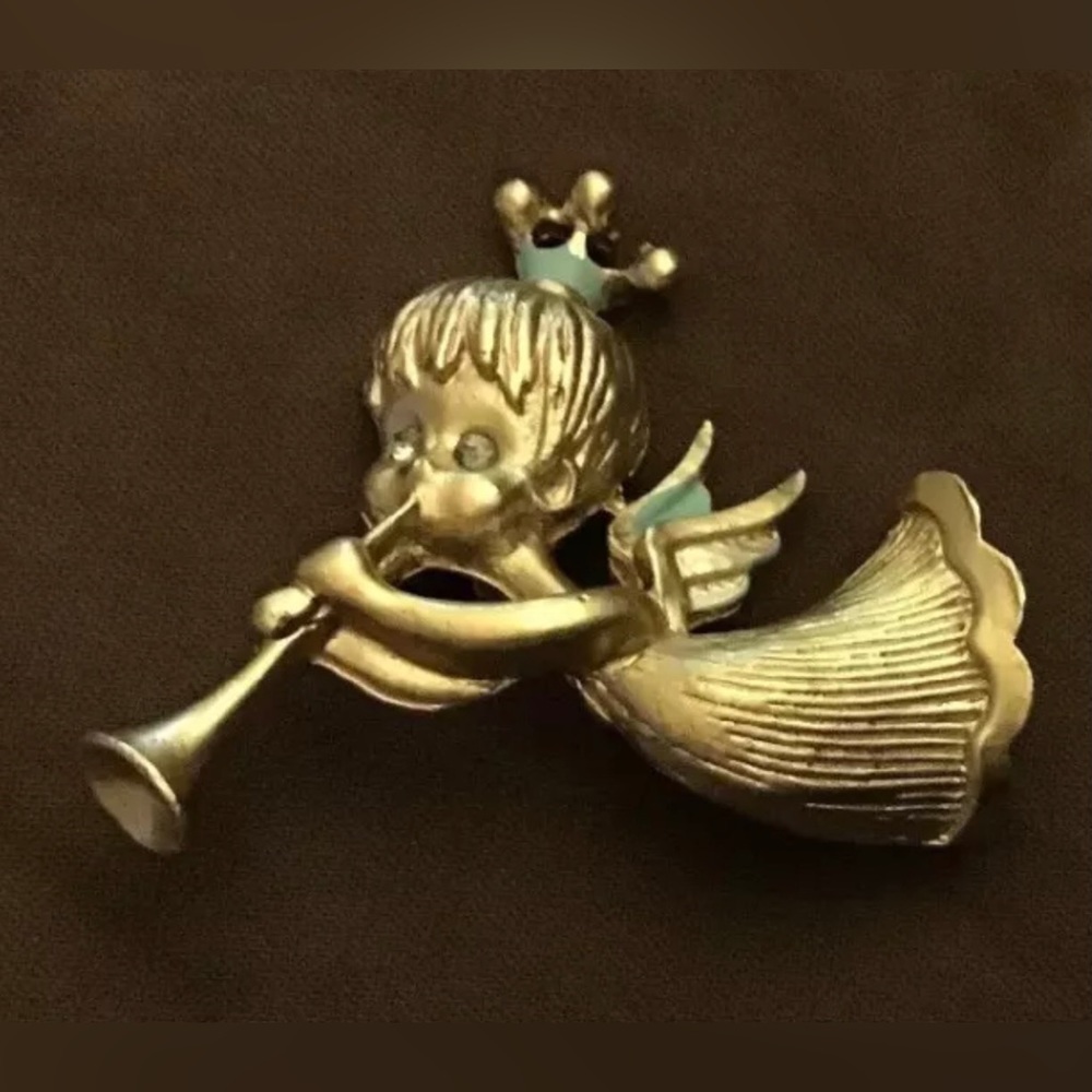Vintage Brooch Pin Angel Fairy Trumpet Rhinestone Eyes Gold Tone Blue Green